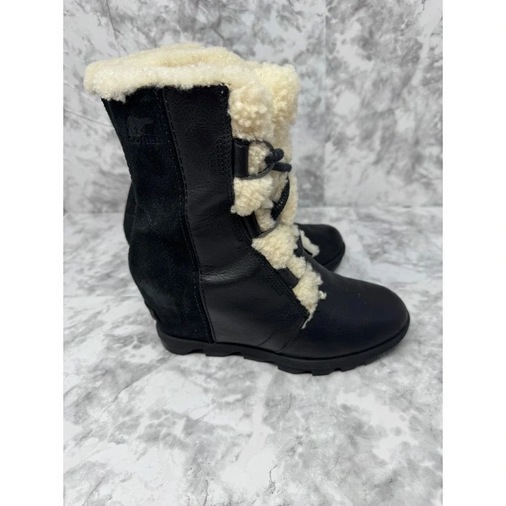 Sorel Joan of‎ Arctic 🖤Wedge II Shearling Black Leather Suede Boots sheep skin